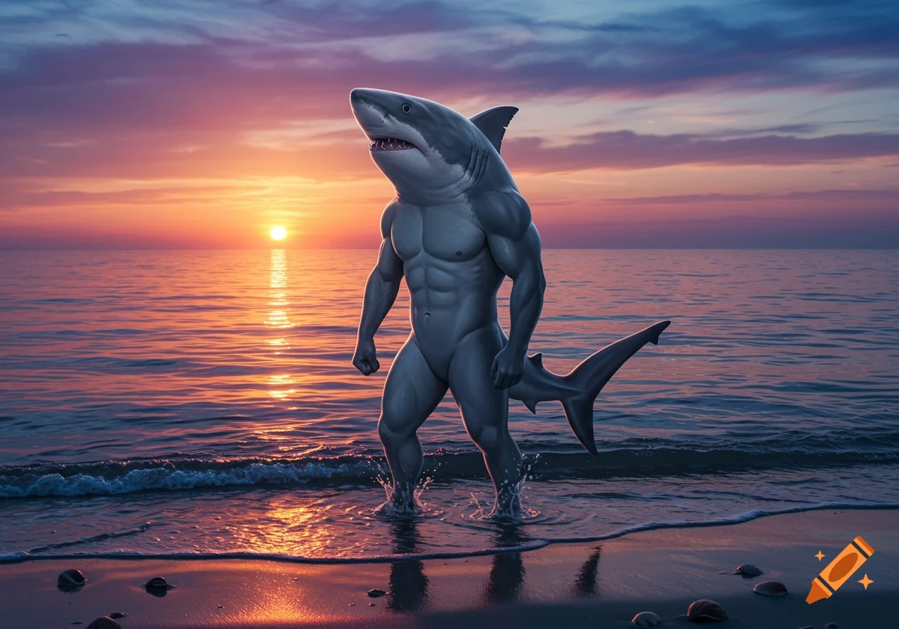 Muscular shark-humanoid stands in shallow ocean water on a beach at sunset, with vibrant orange and purple sky.