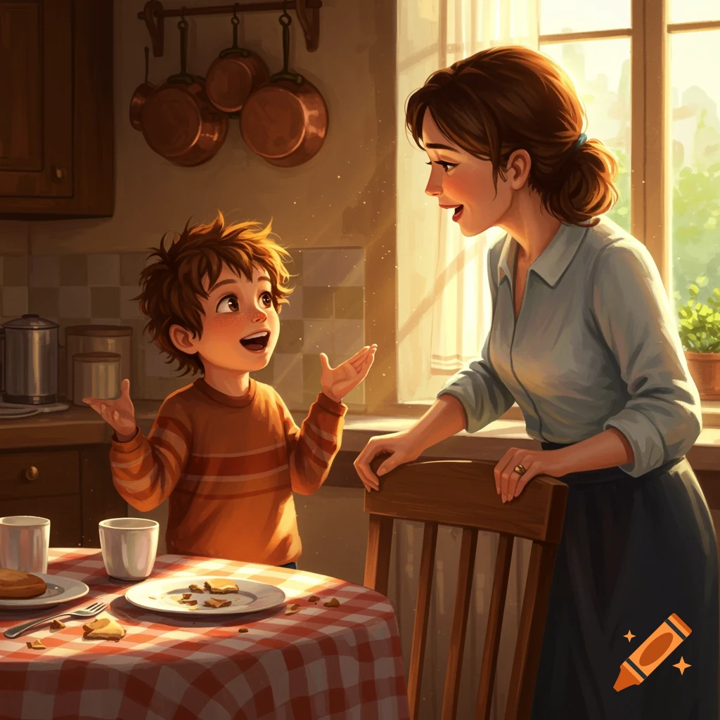 A smiling boy with messy hair talks animatedly to his mother at a kitchen table, sunlight streams through a window.