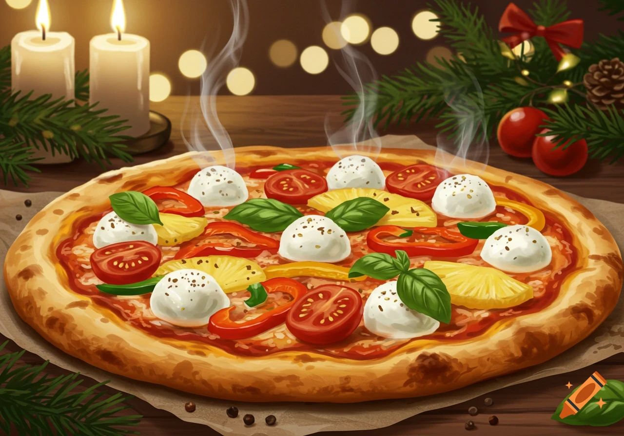 A steaming pizza topped with tomatoes, pineapple, bell peppers, mozzarella, and basil, set on a wooden table with Christmas candles and pine decor.