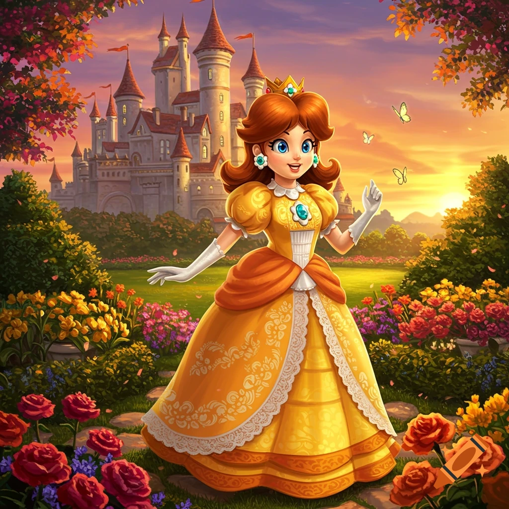 Illustrated Princess Daisy in a yellow gown stands in a colorful garden with a castle at sunset, butterflies nearby.