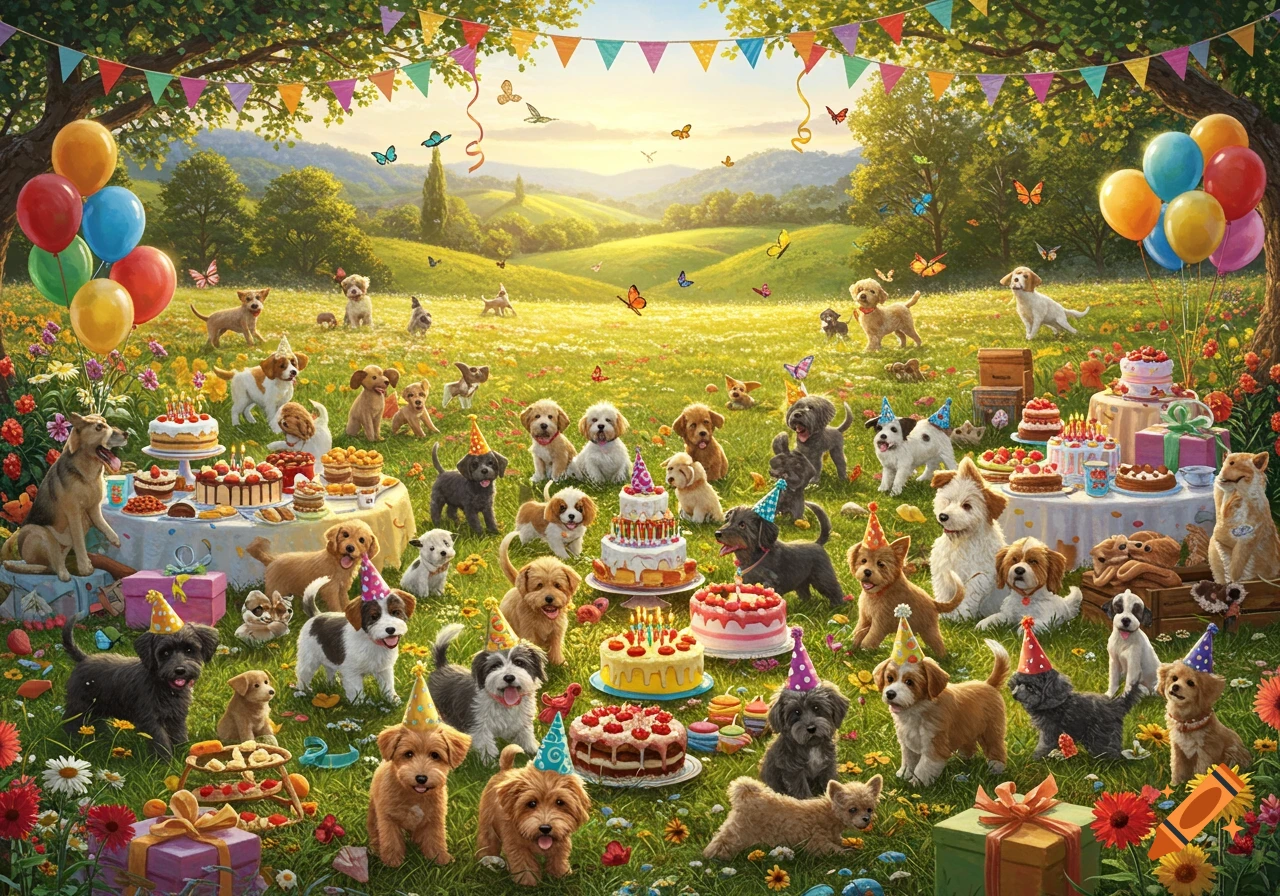 Numerous puppies of various breeds wear party hats and gather around birthday cakes and presents in a sunny, flower-filled meadow. Balloons and colorful banners adorn the trees, with butterflies fluttering in the background.