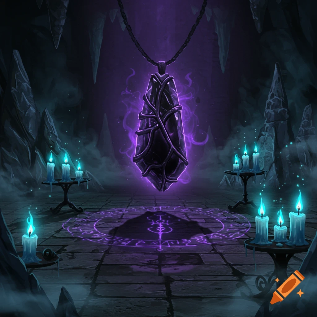 A dark, glowing purple pendant hangs above a ritual circle of runes in ...