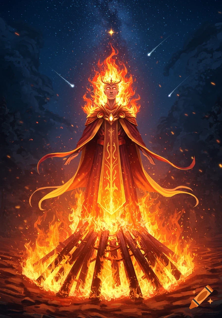 A majestic figure made of fire stands on a burning pyre under a starry night sky with shooting stars, in a fantasy digital art style.