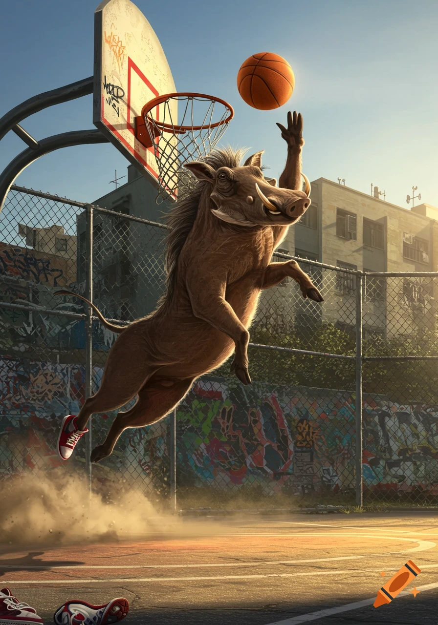A photorealistic warthog jumps to dunk a basketball on an outdoor street court, dust rising from the ground.