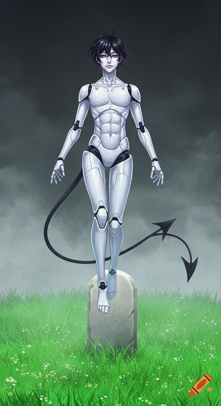 Anime style robot man with black hair and demon tail floating above a tombstone in a grassy field.