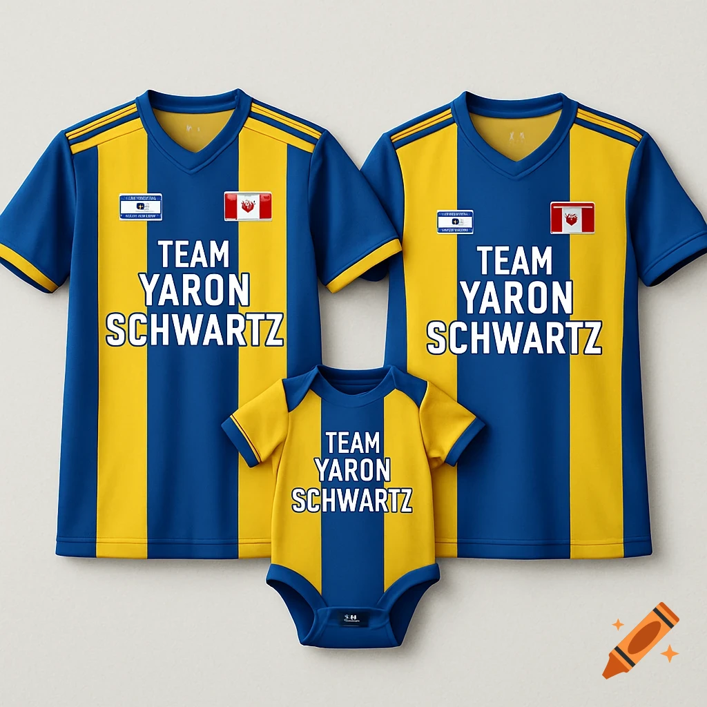 Three blue and yellow striped soccer jerseys, two adult-sized and one baby onesie, each saying 'TEAM YARON SCHWARTZ'.