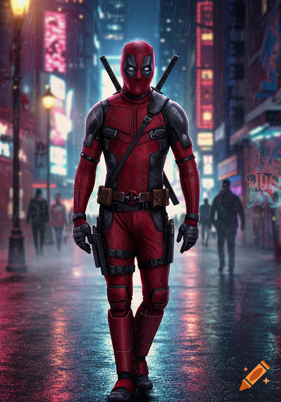 Deadpool in his red and black suit walks down a rainy, neon-lit city street at night, with katanas on his back.