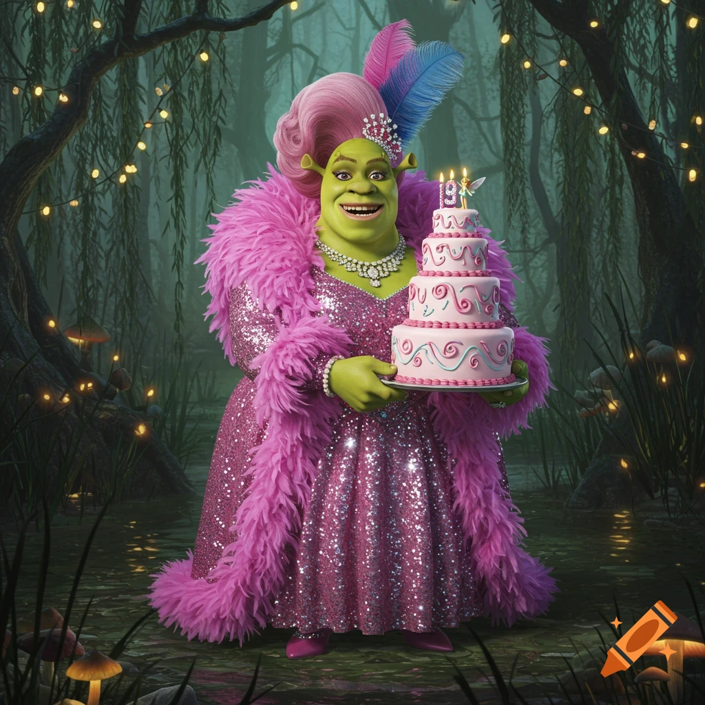 Shrek in a sparkly pink dress, boa, and pink feathered wig, holding a tiered birthday cake with '19' candles in a magical swamp.