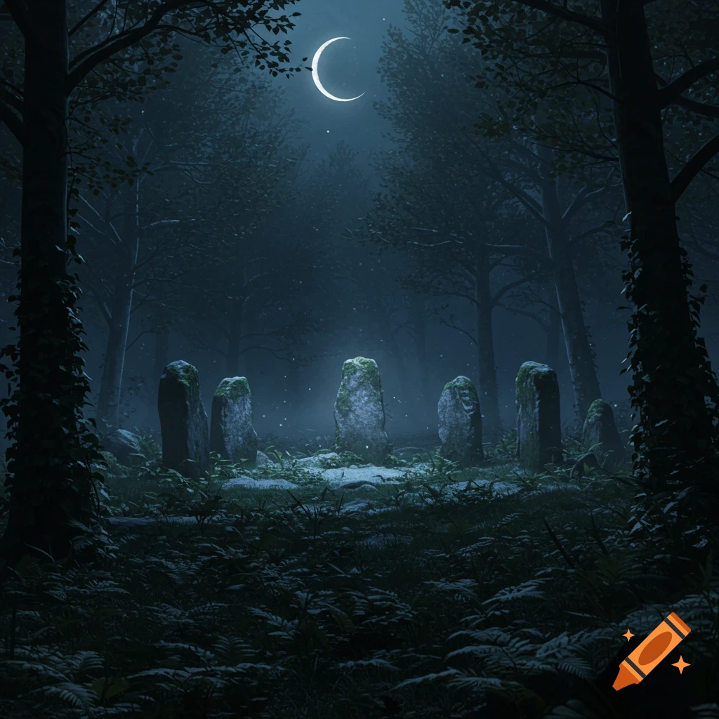 A dark forest clearing illuminated by a crescent moon, with moss-covered standing stones arranged in a circle amidst ferns and sparse grass.