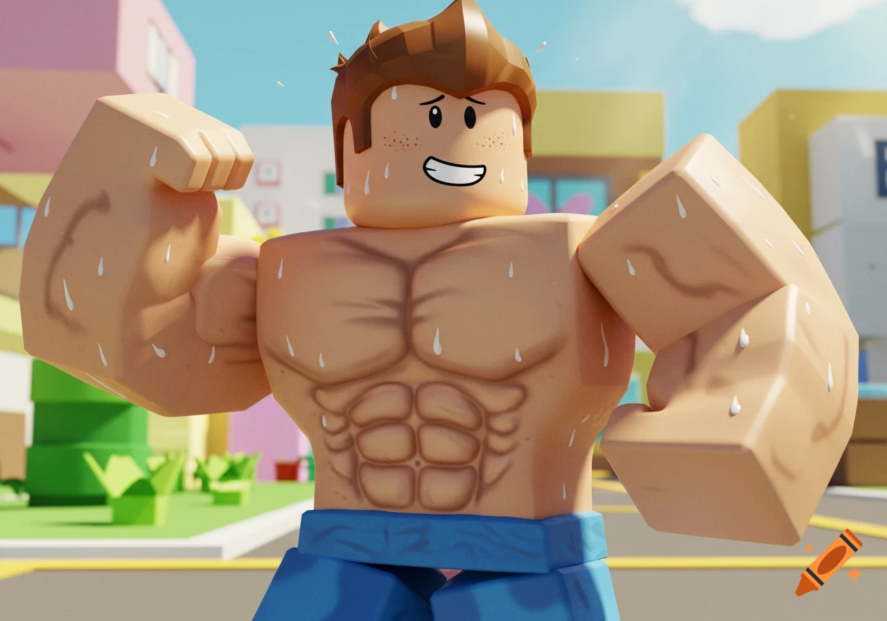 A muscular Roblox character with freckles flexes his biceps, sweating profusely in a bright 3D cartoon style.