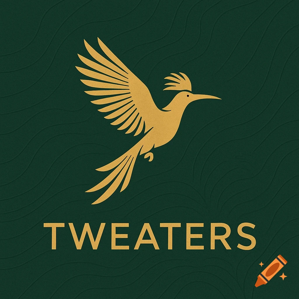 A gold stylized bird logo in flight above the word 'TWEATERS' on a dark green textured background.