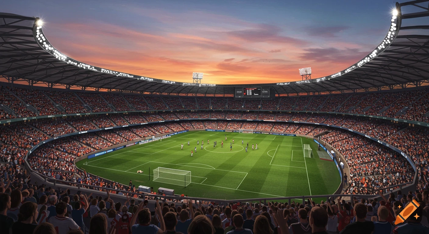 A panoramic view of a packed football stadium at sunset, with a soccer game in progress on the green field.
