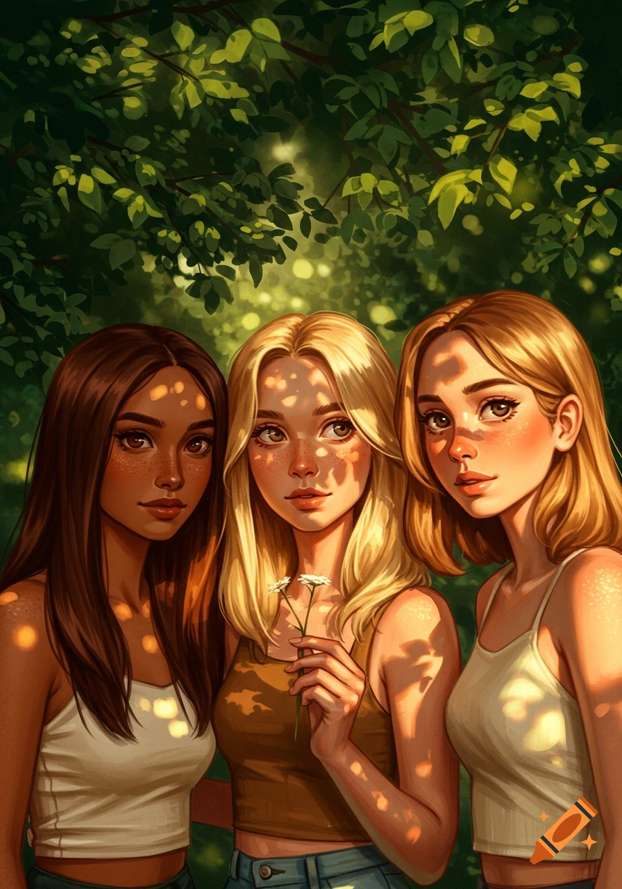 Digital illustration of three young women with different hair colors standing under dappled sunlight and green leaves.