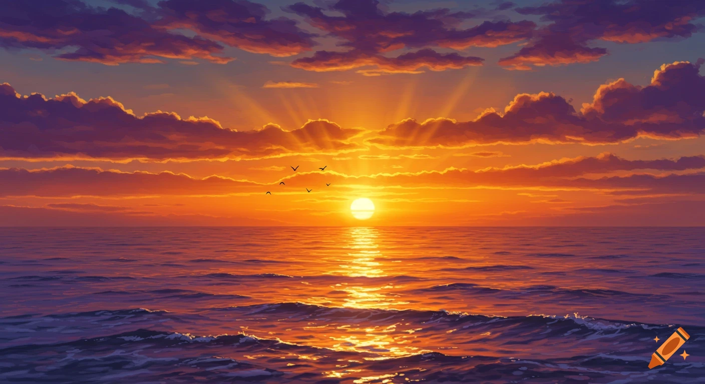 A vibrant sunset over the ocean, with a bright sun reflecting on the water and orange-hued clouds in the sky.