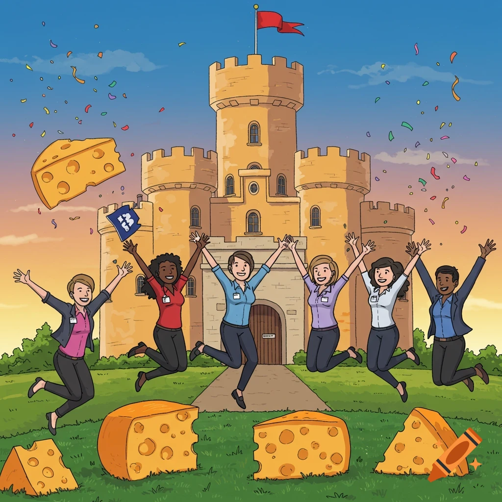 Cartoon of diverse customer service reps jumping and celebrating in front of a castle, surrounded by cheese and confetti.