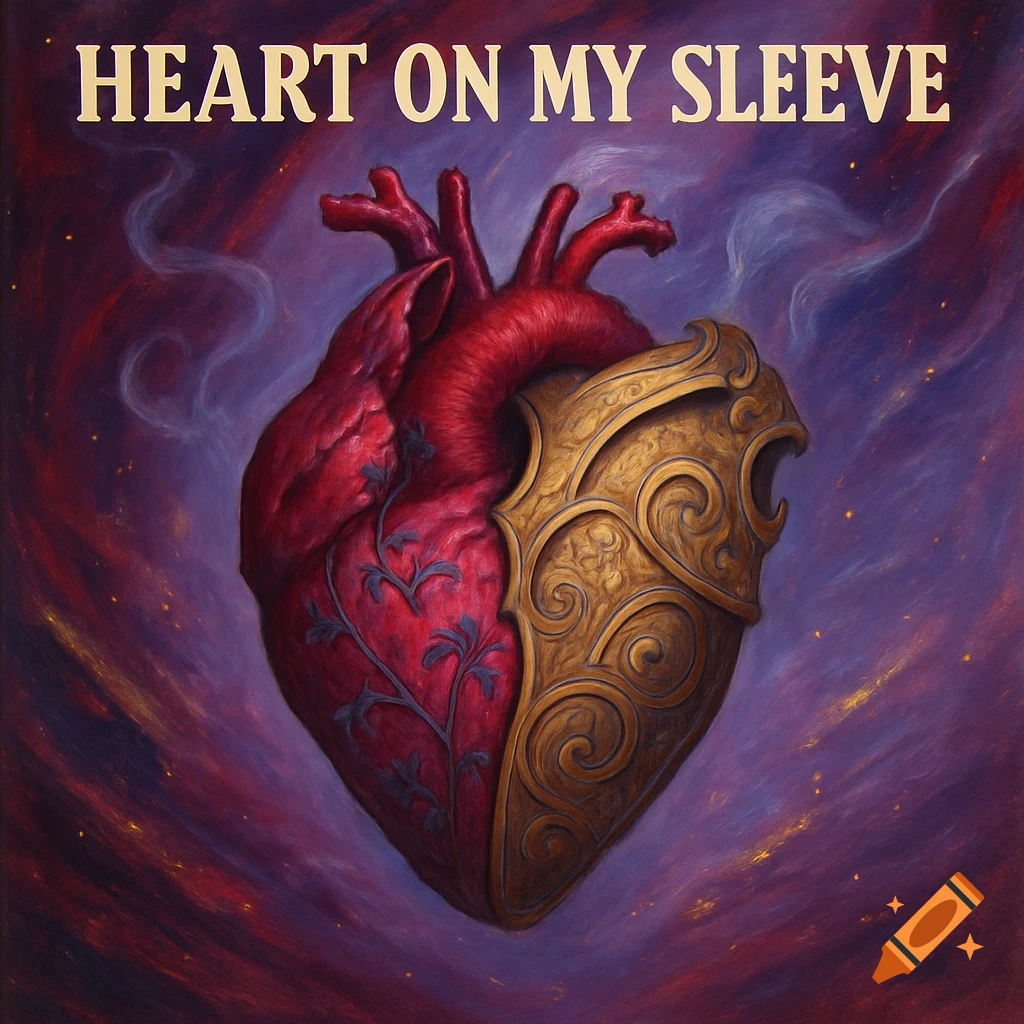 A detailed painting of a heart, half organic with branches and half golden armor, against a swirling purple and red background, with the text 'HEART ON MY SLEEVE' at the top.