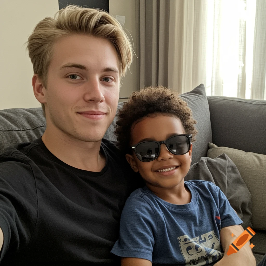 A photorealistic selfie of a smiling blonde man and a young child wearing sunglasses sitting on a couch.