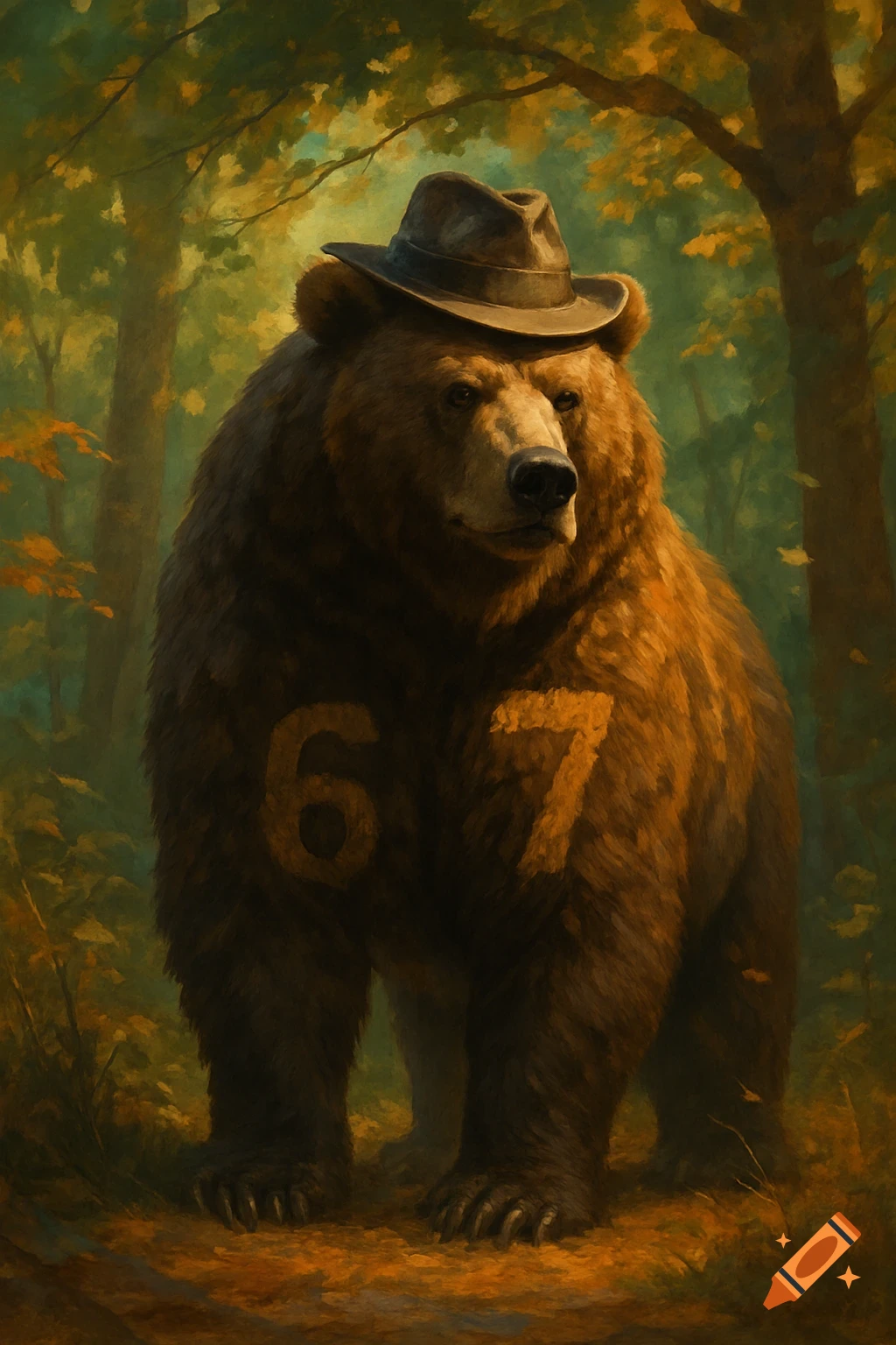 A grizzly bear wearing a fedora stands in a forest, with the numbers 6 and 7 subtly on its fur, in a painterly style.