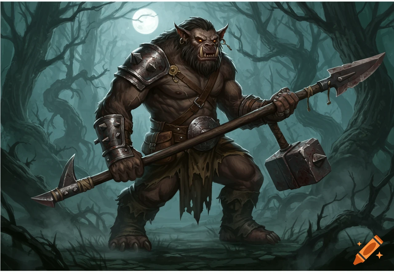 A fierce, muscular bugbear creature stands in a dark, twisted forest under a full moon, wielding a large spear and warhammer.