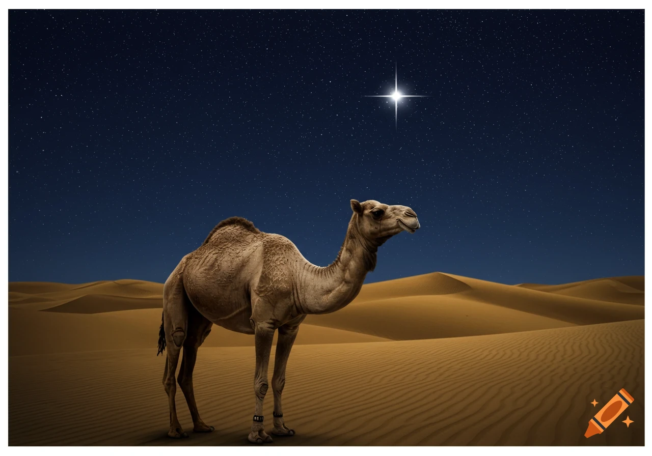 A lone camel stands in a vast desert under a starry night sky, looking up at a prominent, bright star.