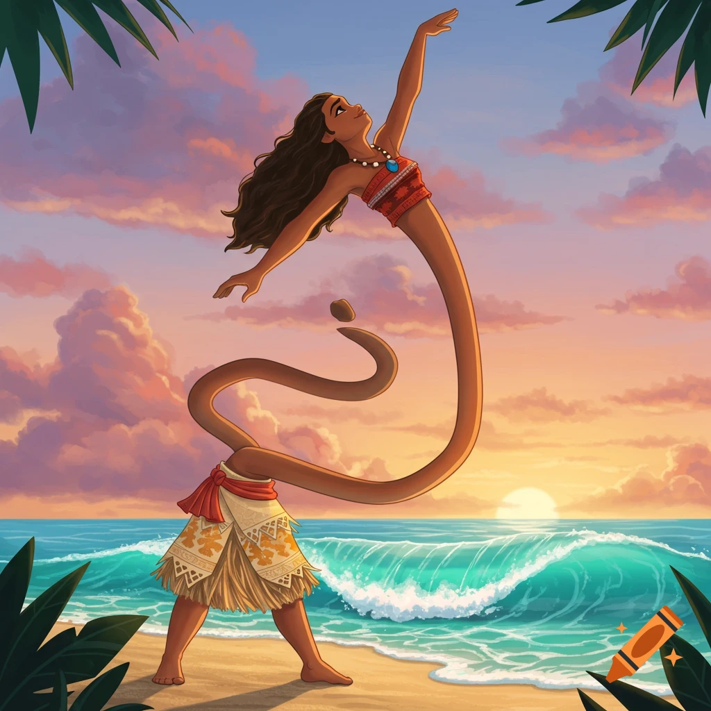 Animated Moana on a beach at sunset, stretching her elongated torso and arms towards the sky.