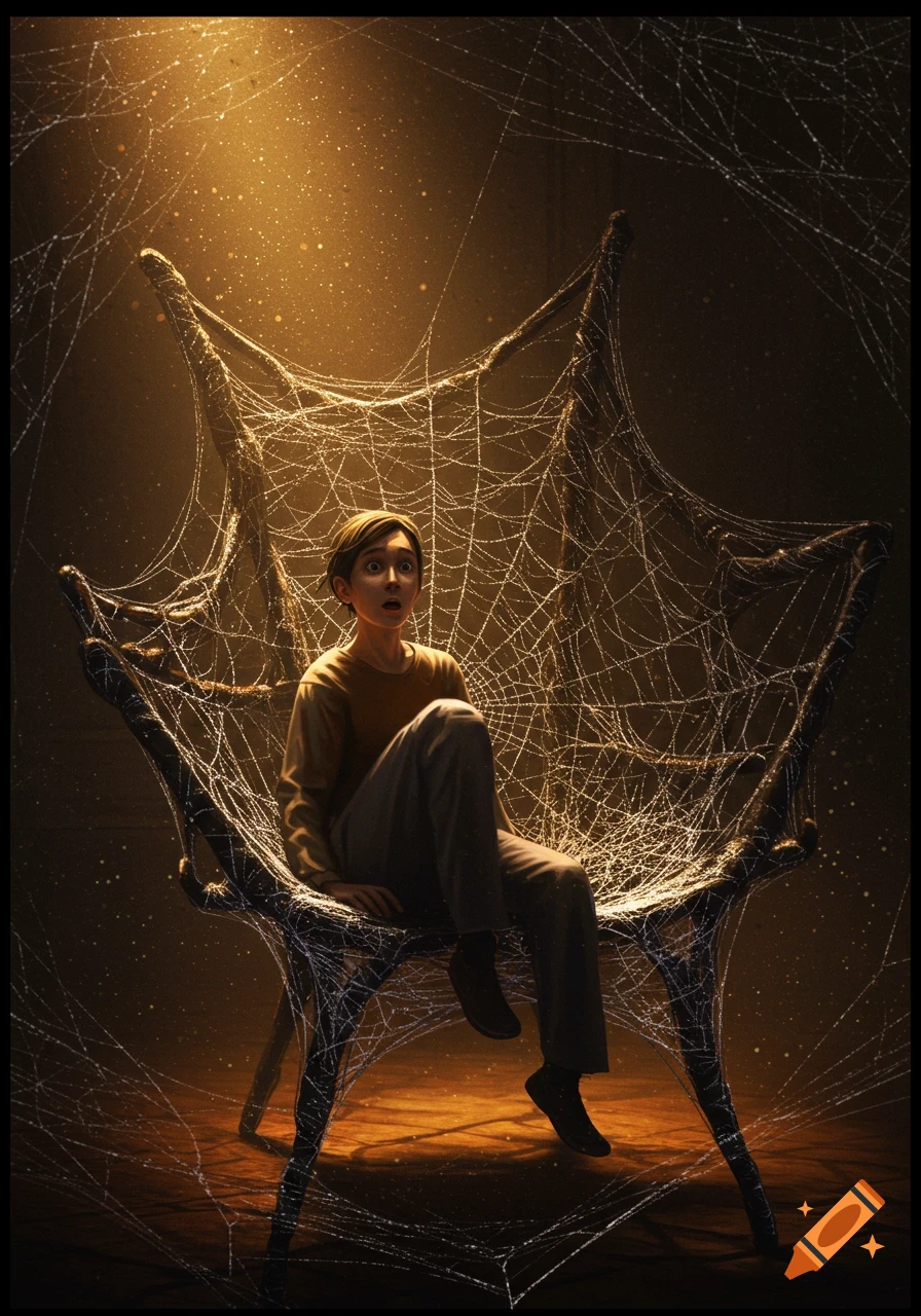 A young person with a startled expression sits in a chair woven from glowing spiderwebs, illuminated by a golden light.