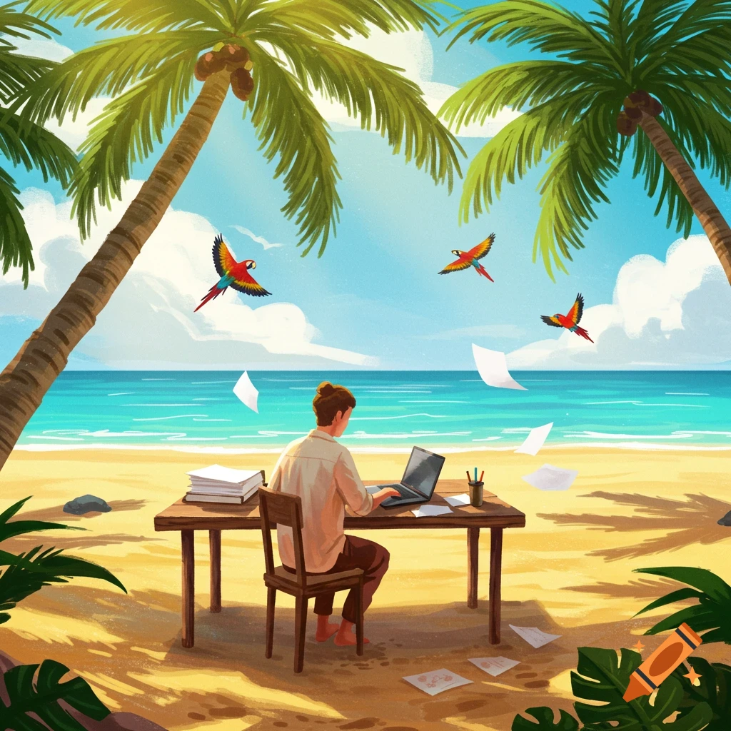 Stylized illustration of a person working on a laptop at a desk on a tropical beach with palm trees, ocean, and flying macaws.