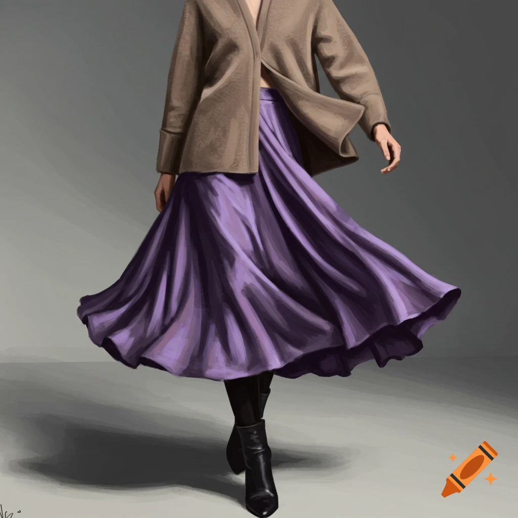 Digital painting of a person in a flowing purple skirt, brown jacket, and black boots on a grey background.