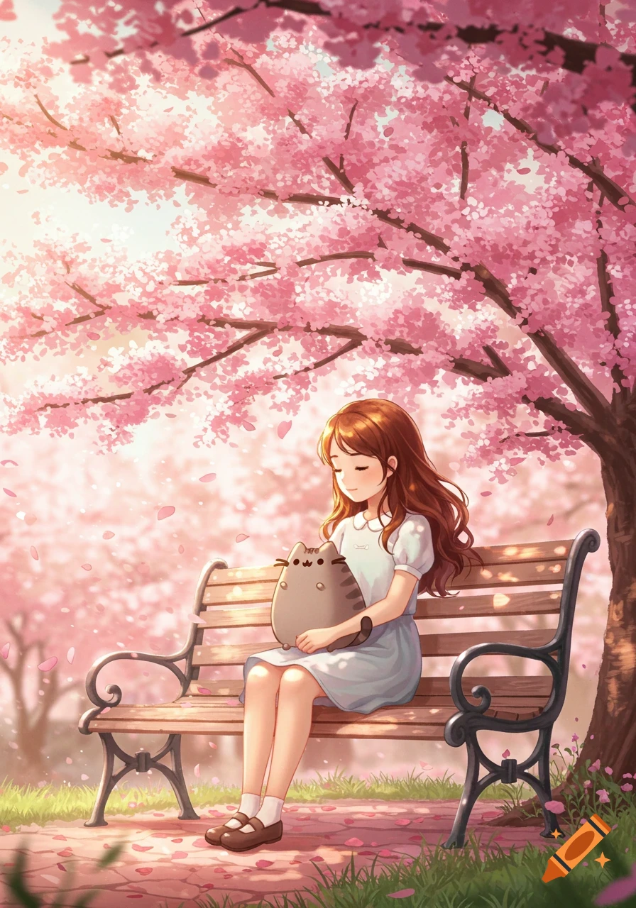Anime girl and a Pusheen plushie sitting on a park bench under a blooming pink cherry blossom tree.
