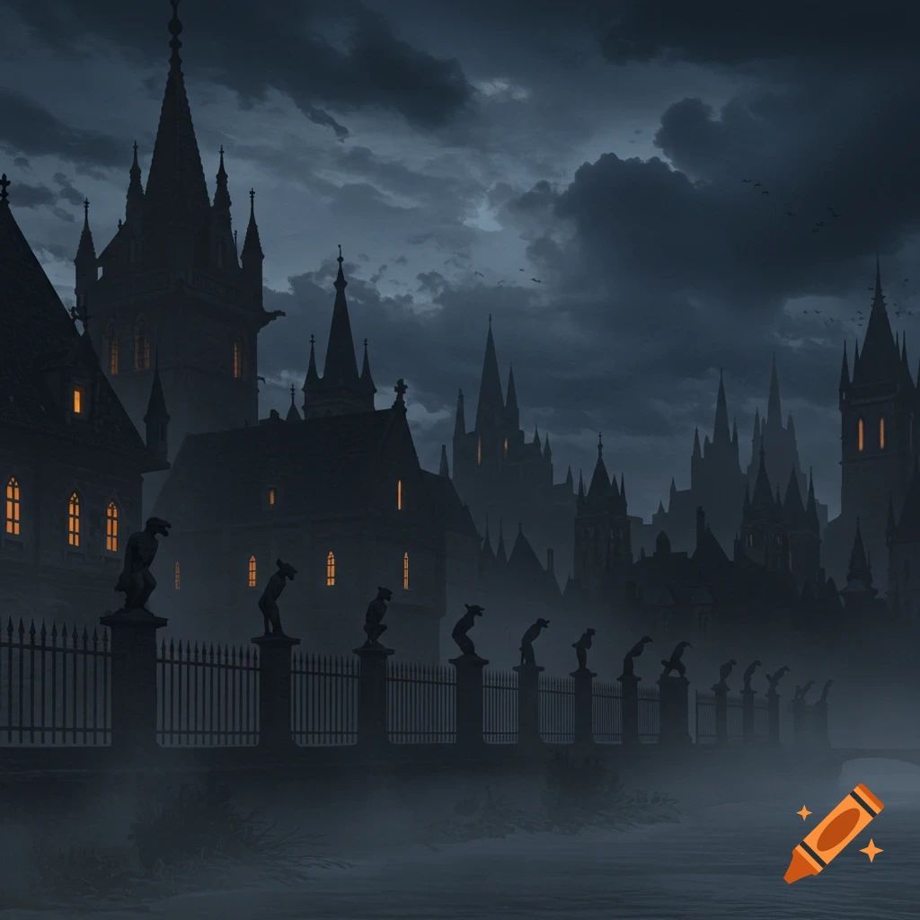 A dark, foggy gothic city skyline at night with spired buildings, glowing windows, and statues on a fence along a misty river in a painted style.