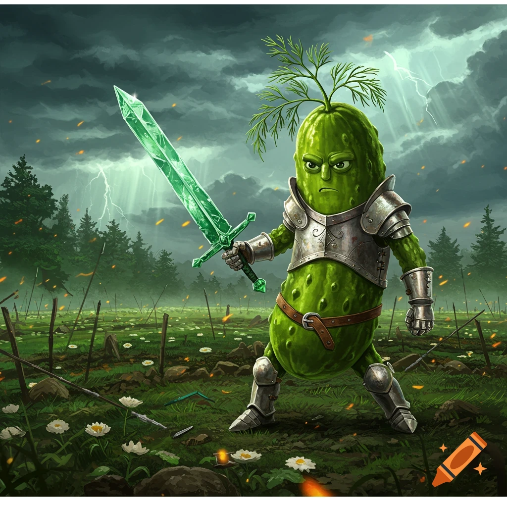 A grumpy green pickle knight in silver armor holds a glowing green sword on a muddy battlefield under a stormy, lightning-filled sky.