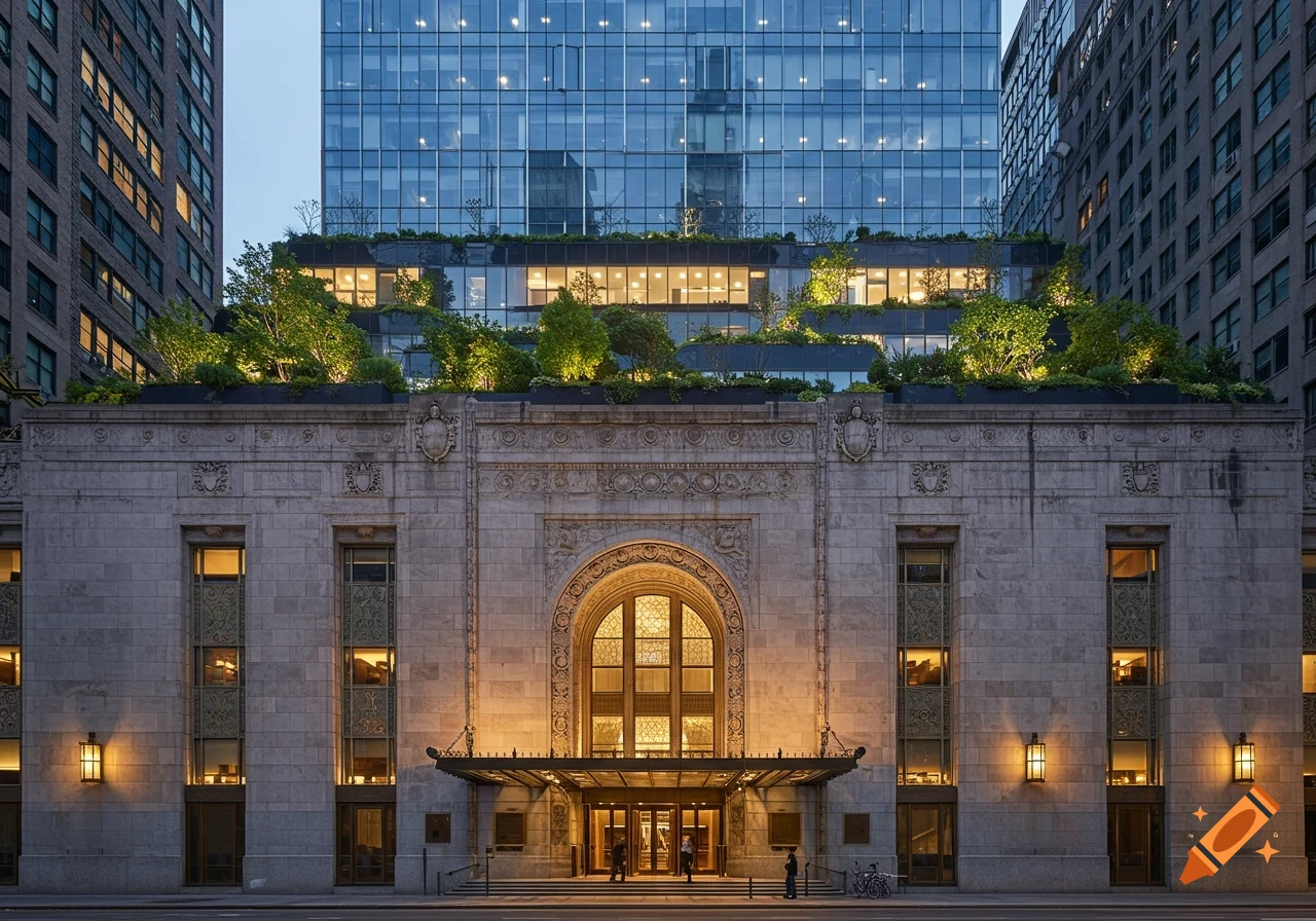 Photorealistic skyscraper with classical stone base, arched entrance, modern glass tower, and illuminated rooftop gardens at dusk.