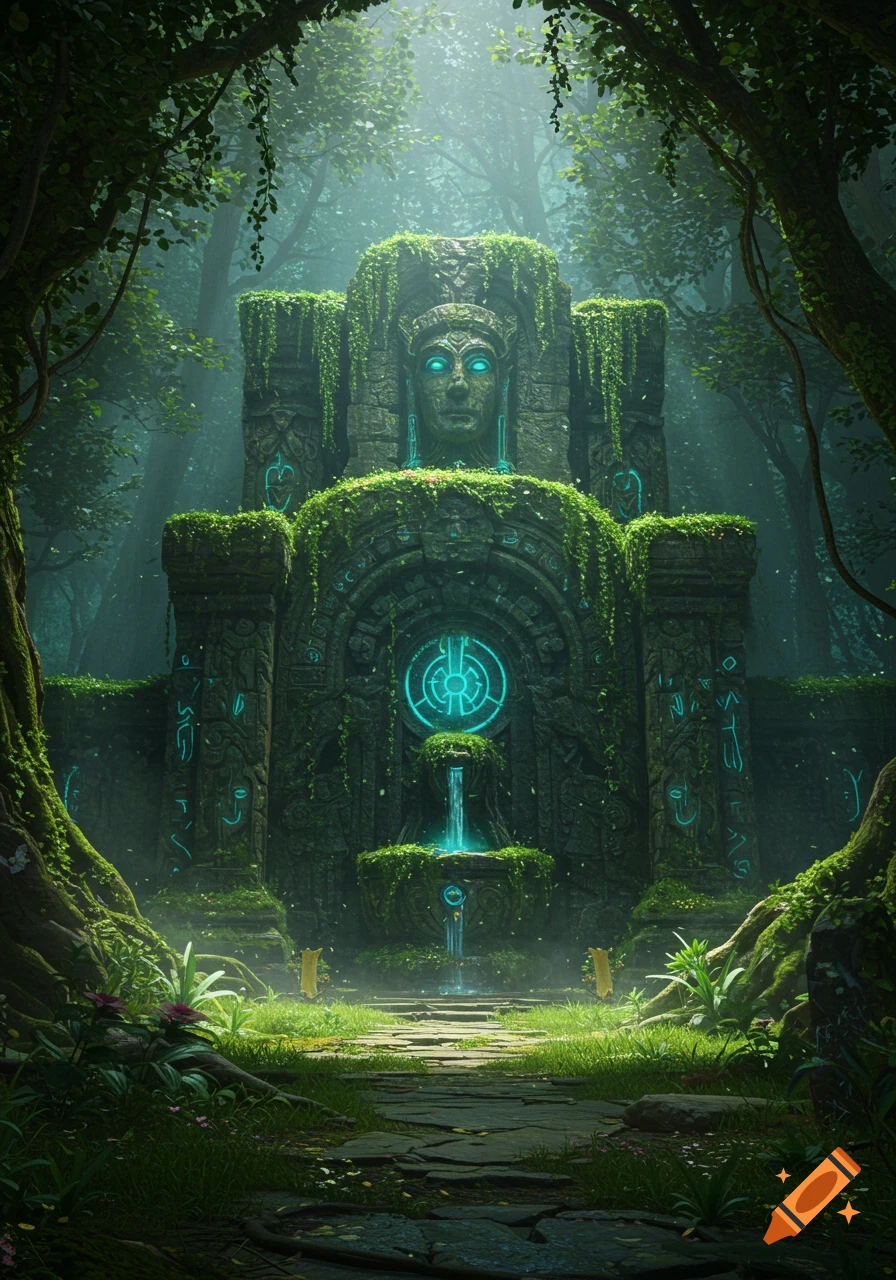 An ancient, moss-covered temple with glowing turquoise glyphs and a waterfall, nestled deep in a vibrant, misty jungle.