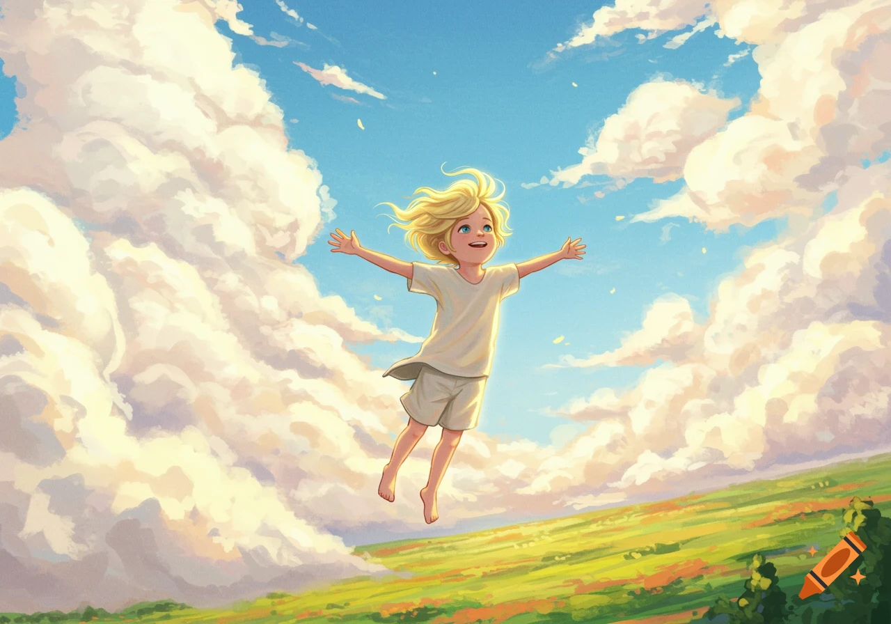 Blonde boy flies happily with outstretched arms in a bright sky with fluffy clouds above a green field, illustration.