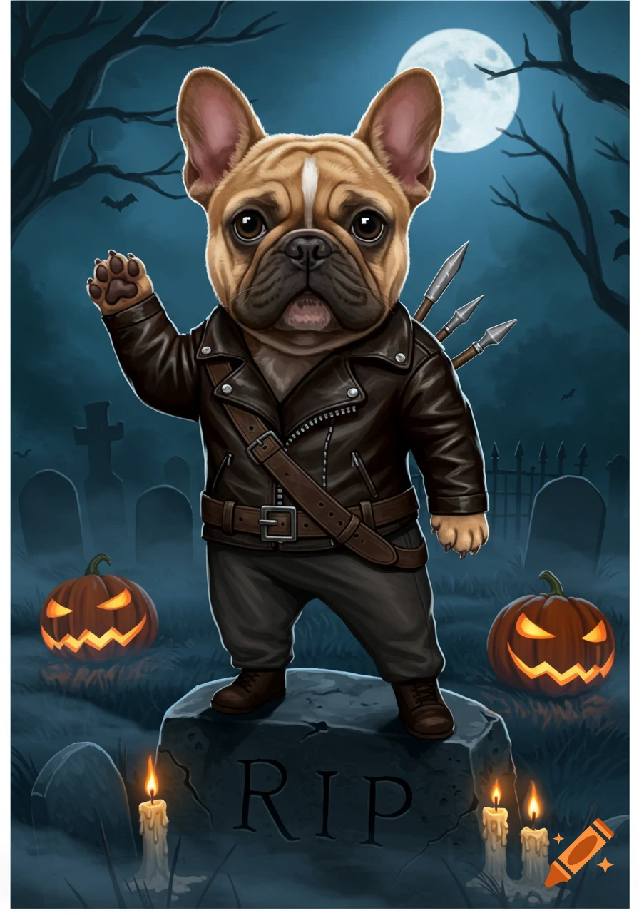 A French Bulldog dressed in a leather jacket with arrows, standing on a tombstone in a spooky graveyard with glowing jack-o'-lanterns under a full moon.