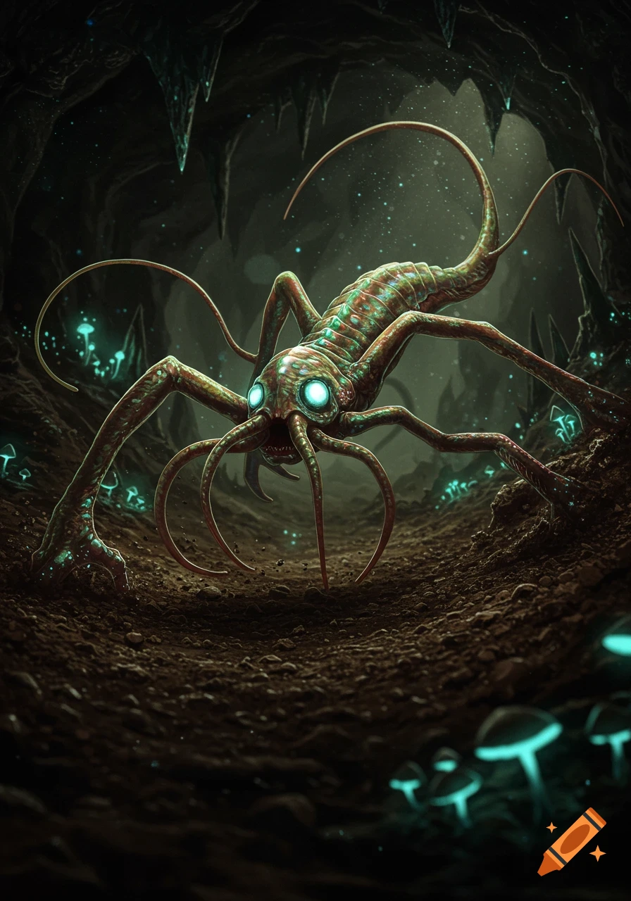 A fantastical cave creature with multiple glowing eyes, long limbs, and a segmented body crawls on the cave floor amidst glowing mushrooms.