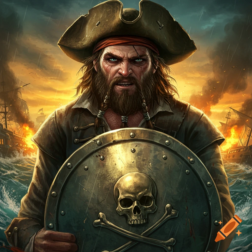 A menacing bearded pirate holding a skull and crossbones shield on a stormy sea with burning ships, stylized illustration.