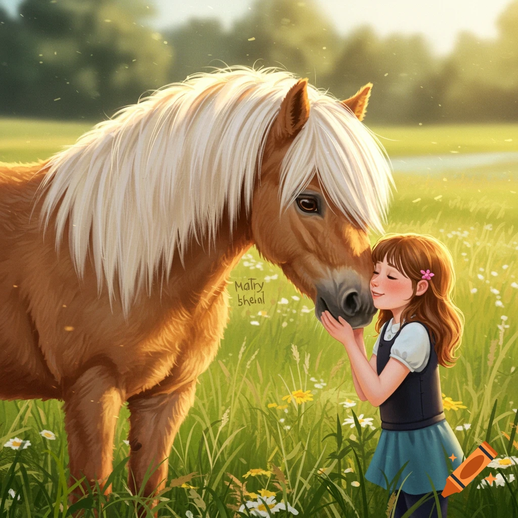 An illustration of a young girl gently caressing a brown pony's face in a sunlit meadow filled with wildflowers.