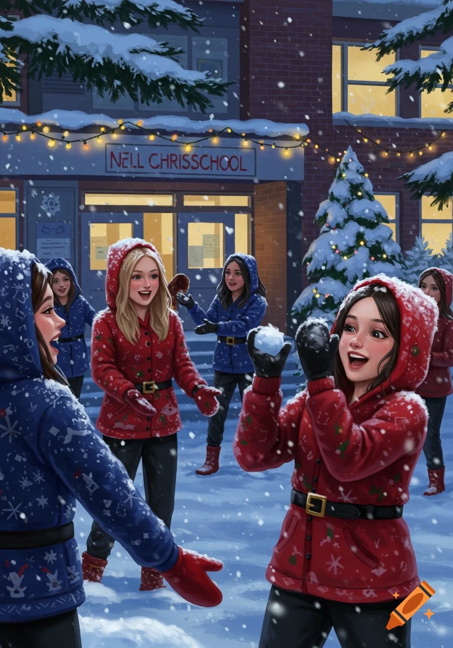 Young females in winter coats play in the snow outside a school decorated for Christmas.