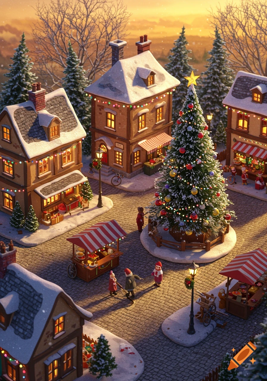 A charming miniature Christmas town covered in snow at sunset, with decorated houses, a large tree, and market stalls.