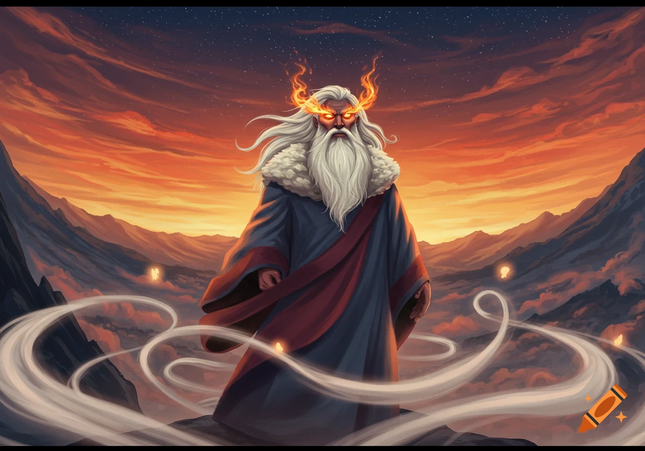A powerful old man with fiery eyes and horns, long white hair and beard, stands in a dramatic mountainous sunset landscape with swirling mist.
