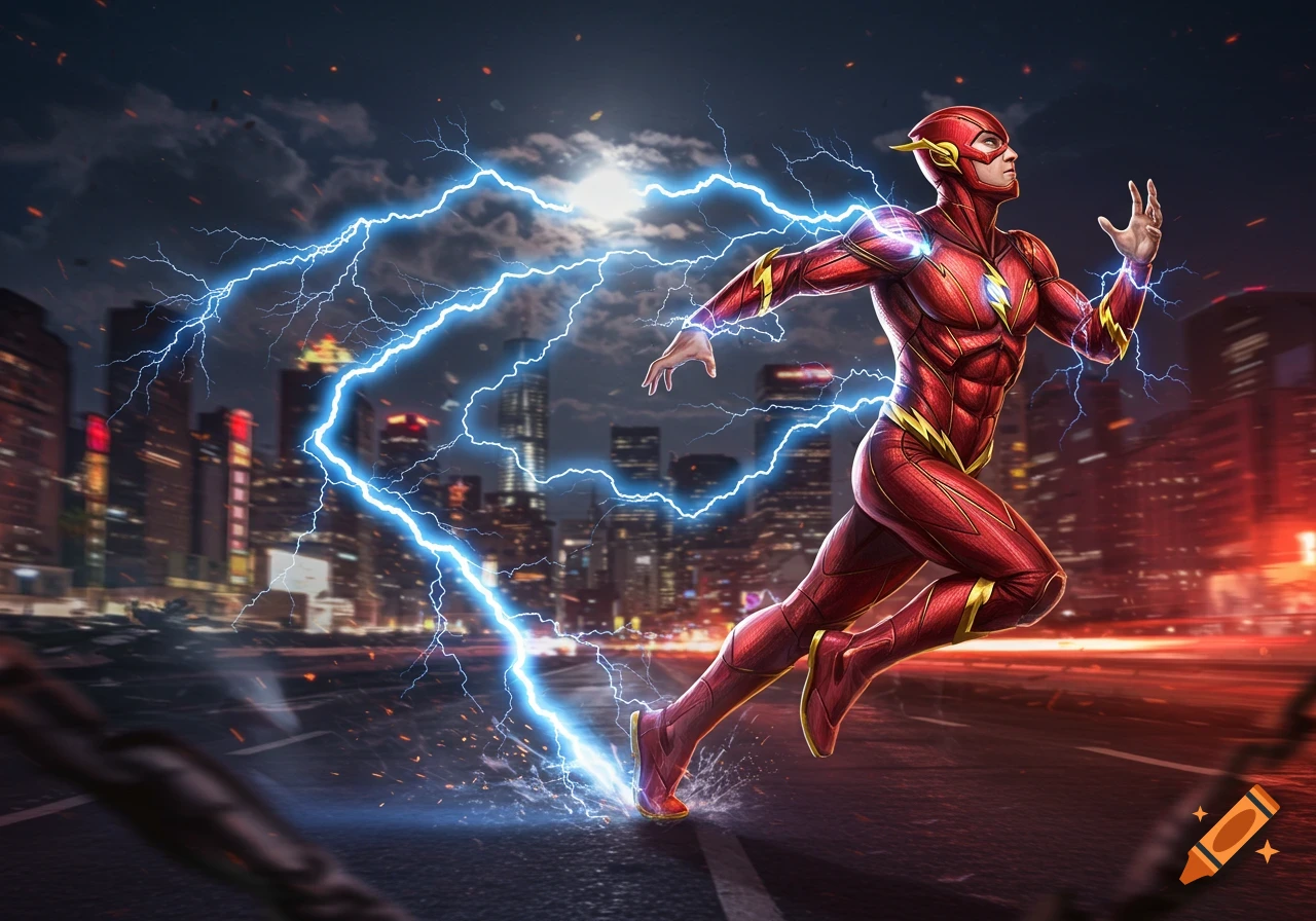 The Flash, a superhero in a red suit, runs at high speed through a city at night, surrounded by blue lightning trails.