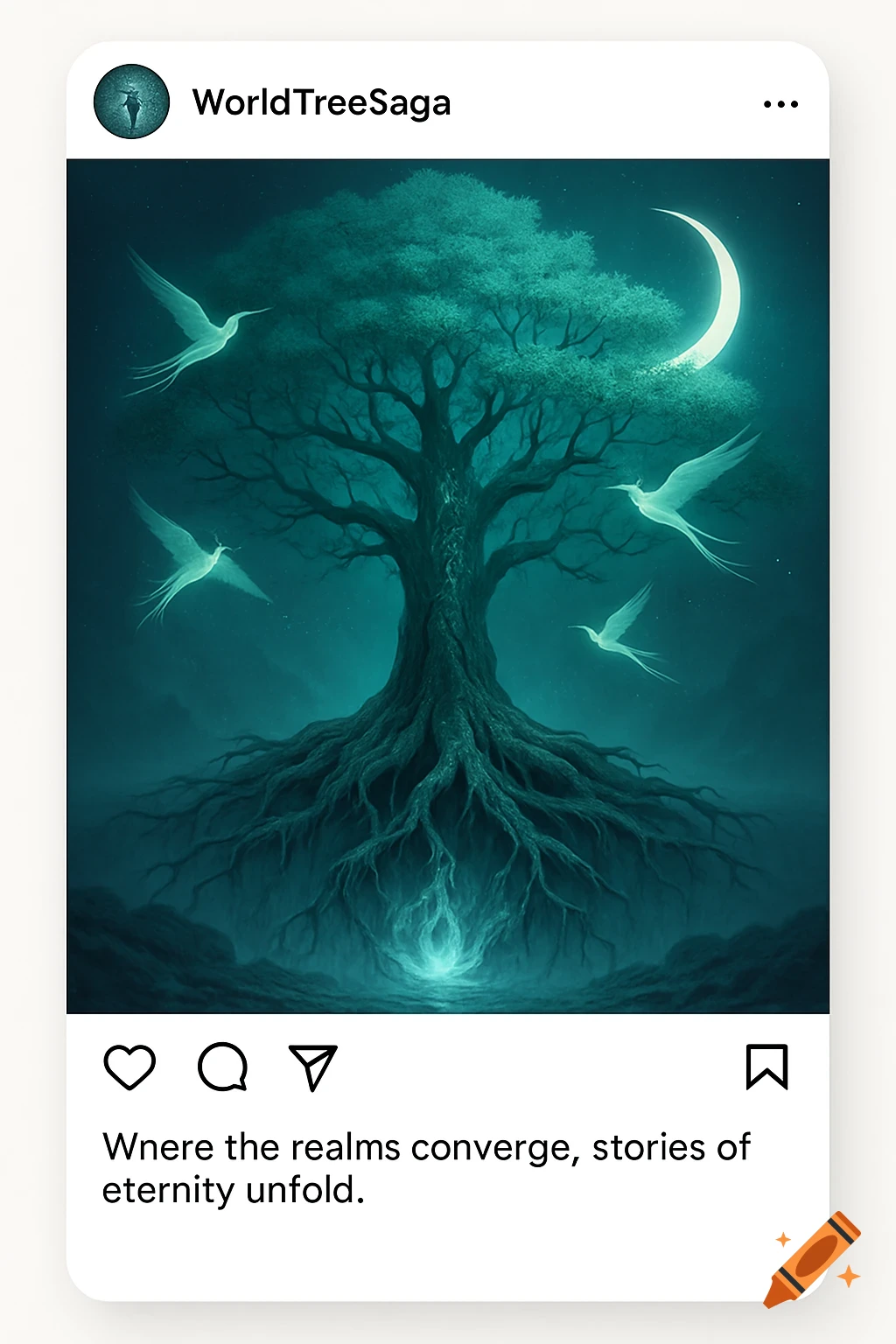 A mystical, teal World Tree with extensive glowing roots, ethereal white birds, and a crescent moon in a fantasy illustration.