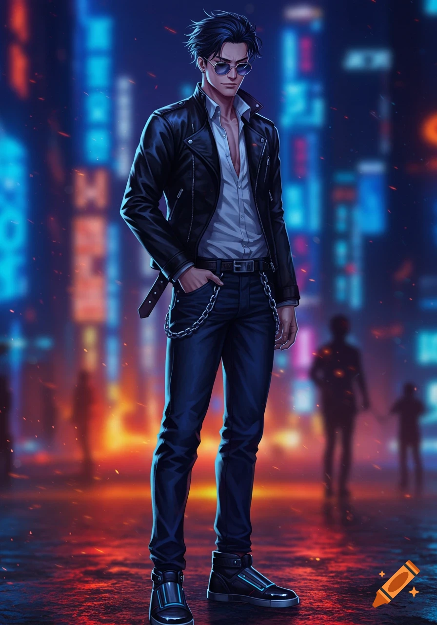 Anime male character in a leather jacket, white shirt, jeans, and sunglasses, standing in a neon-lit cityscape at night.