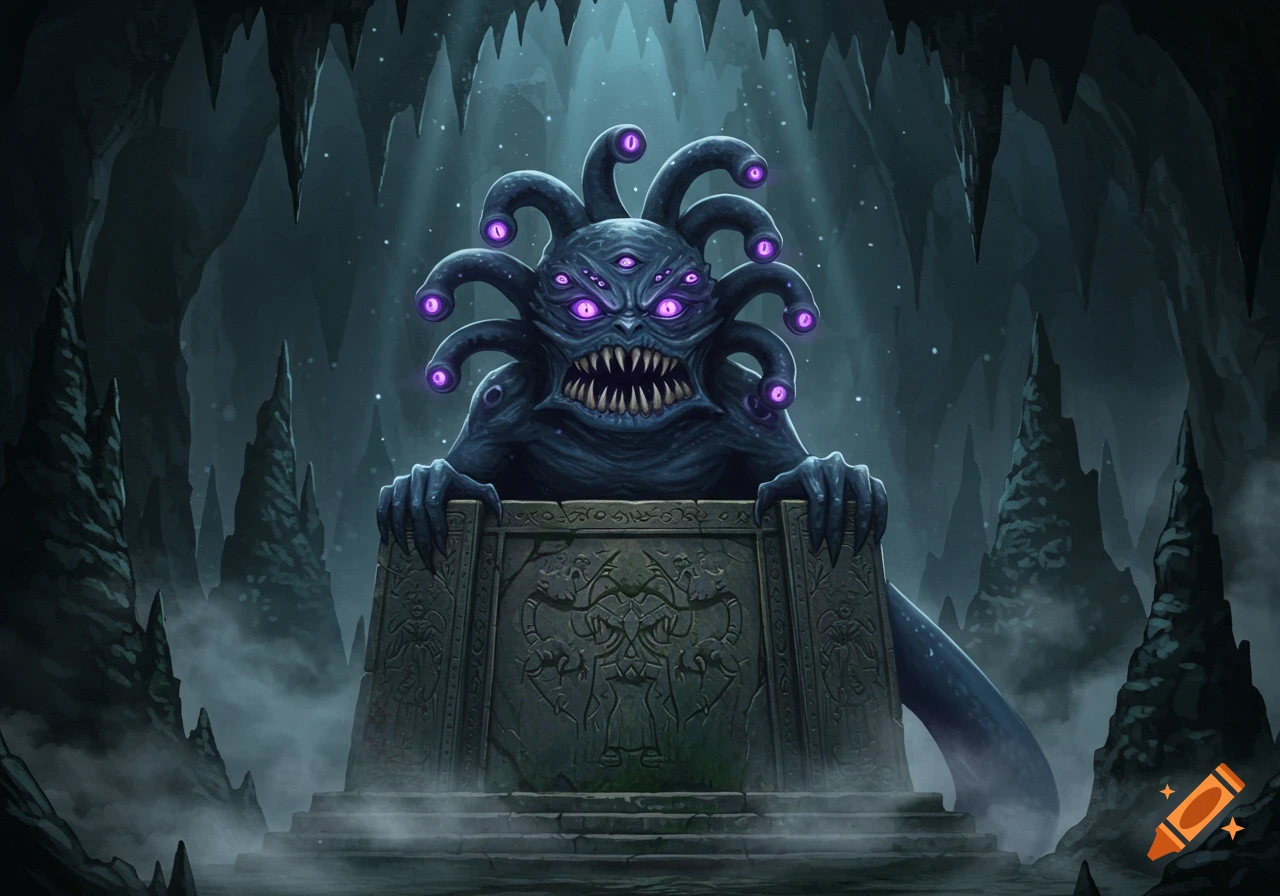 An ancient navy blue beholder-like monster with many purple glowing eyes and tentacles sits on a stone pedestal in a dark, misty cave.