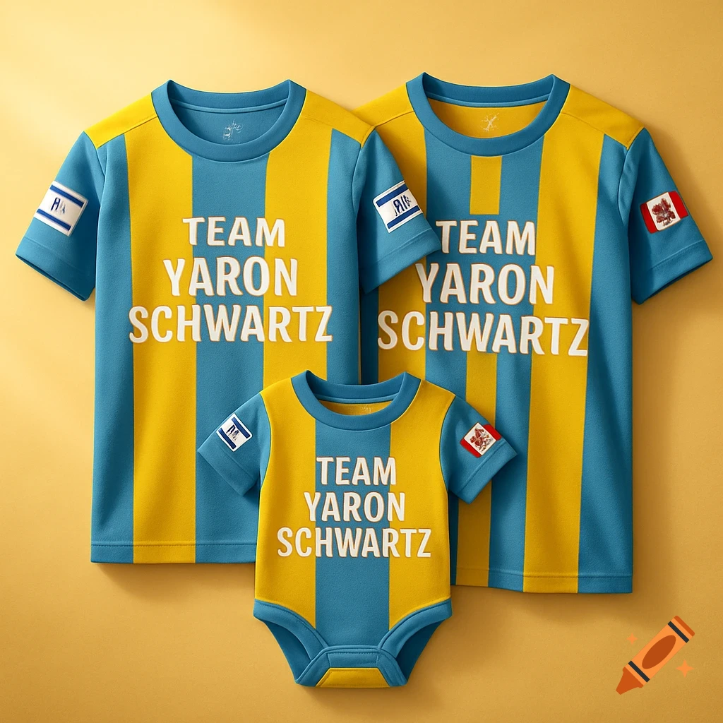 Three yellow and blue striped soccer jerseys, two adult-sized and one baby onesie, lay on a yellow surface. Each has 'TEAM YARON SCHWARTZ' printed on the front in white. Sleeves feature Israel and Canada flag patches.