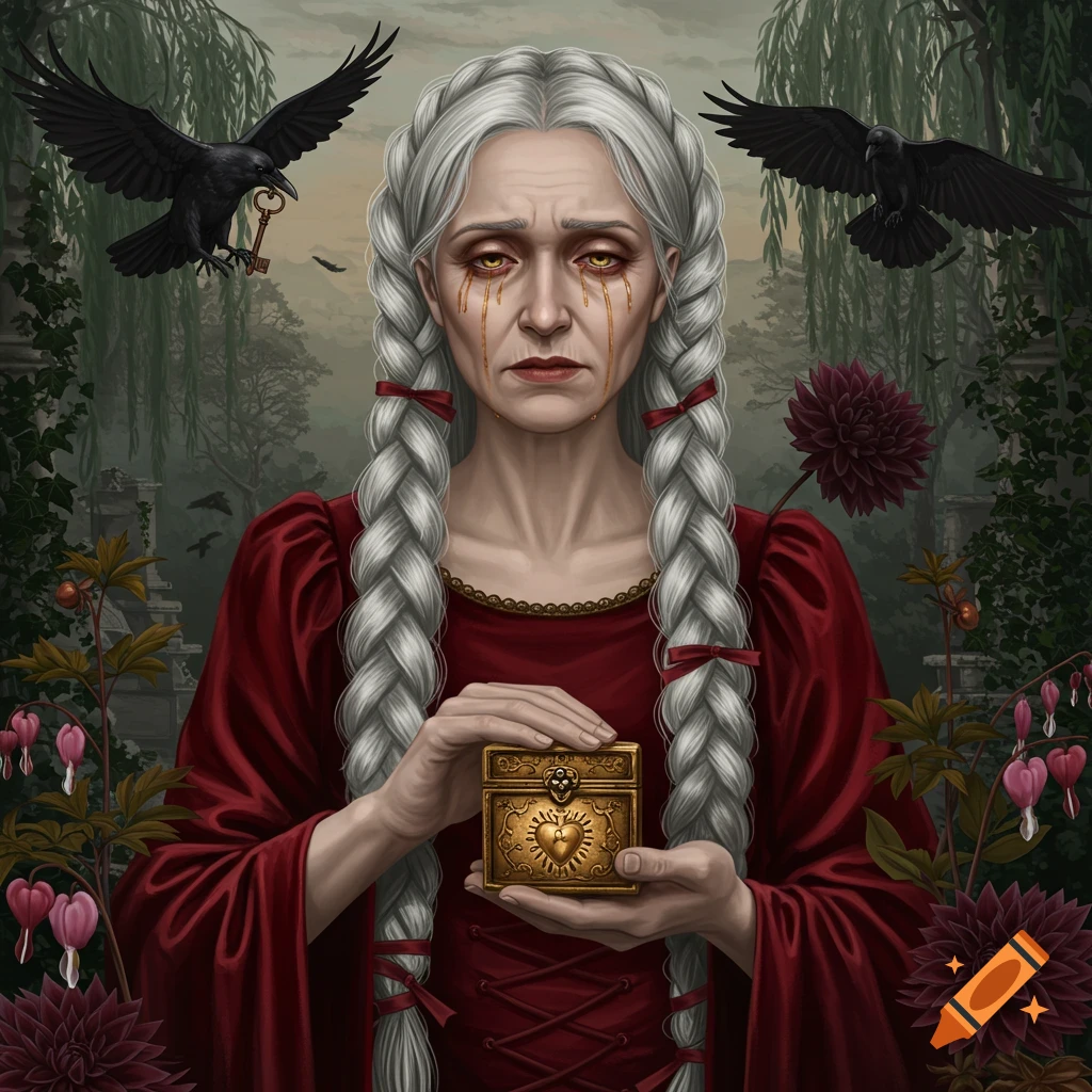 Old woman with long gray braids and golden tears, holding an ornate gold box, surrounded by ravens and gothic plants.