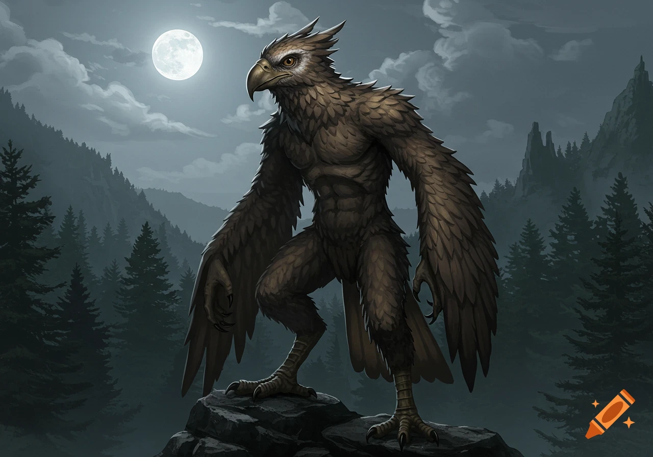A man-sized bird-creature with feathers, talons, and clawed hands stands on a rock under a full moon in a misty forest.