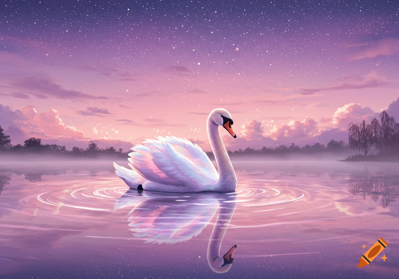 A white swan floats serenely on a calm, misty lake under a vibrant pink and purple starry sky with subtle clouds.