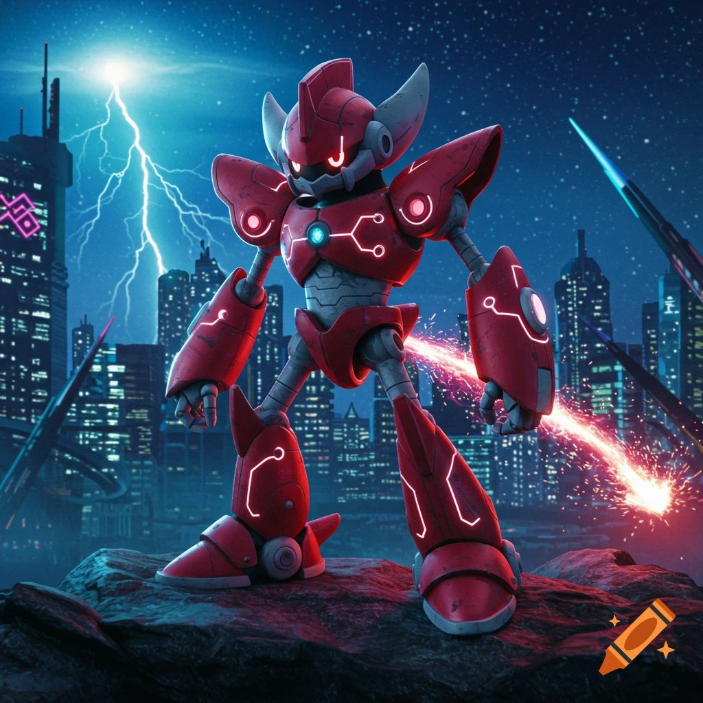 A red mechanical robot stands on rocks overlooking a futuristic city at night with lightning and sparks from its arm.